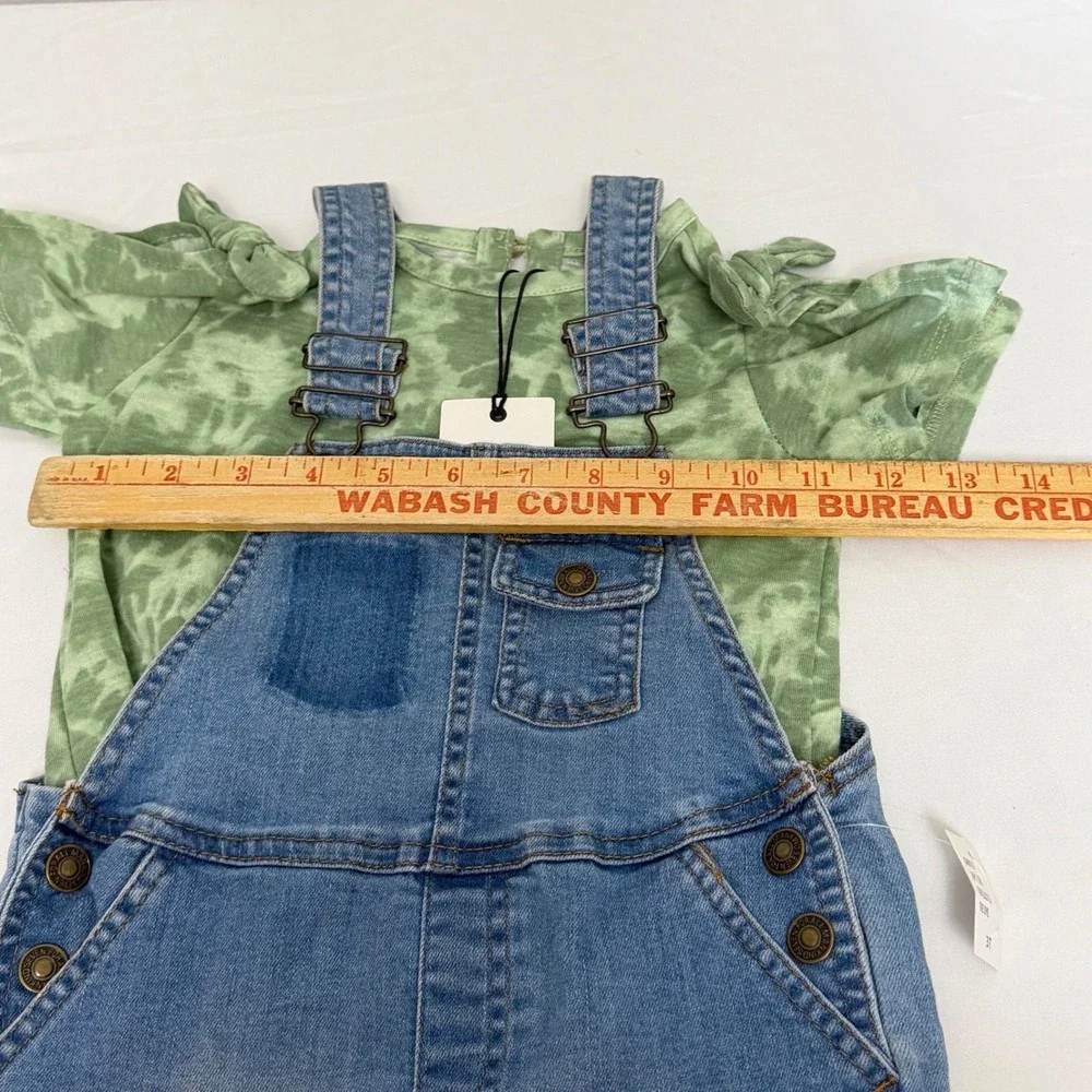 7 For All Mankind Girls 3T‎ Denim Shortalls & Green Tie Dye T-Shirt Outfit Boho
